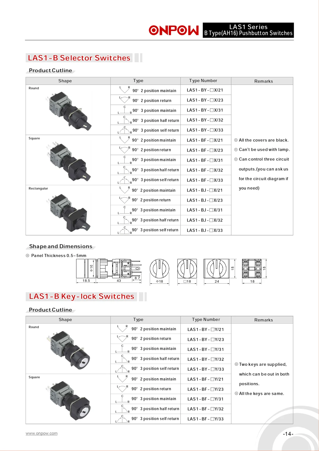 Onpow 16mm Square Head Pushbutton Switch (LAS1-BF-11/R/12V, CE, CCC, UL, RoHS, REECH)